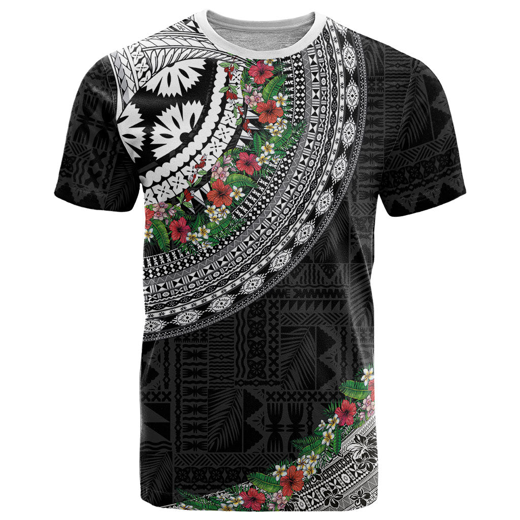 Fiji Hibiscus T Shirt Tapa Masi Motifs with Tropical Plants LT03 Black - Polynesian Pride