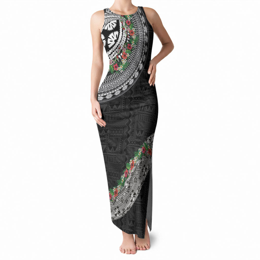 Fiji Hibiscus Tank Maxi Dress Tapa Masi Motifs with Tropical Plants LT03 Women Black - Polynesian Pride