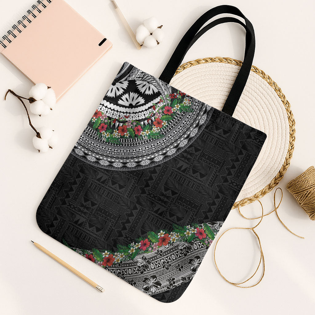 Fiji Hibiscus Tote Bag Tapa Masi Motifs with Tropical Plants LT03 Black Strap One Size Black - Polynesian Pride