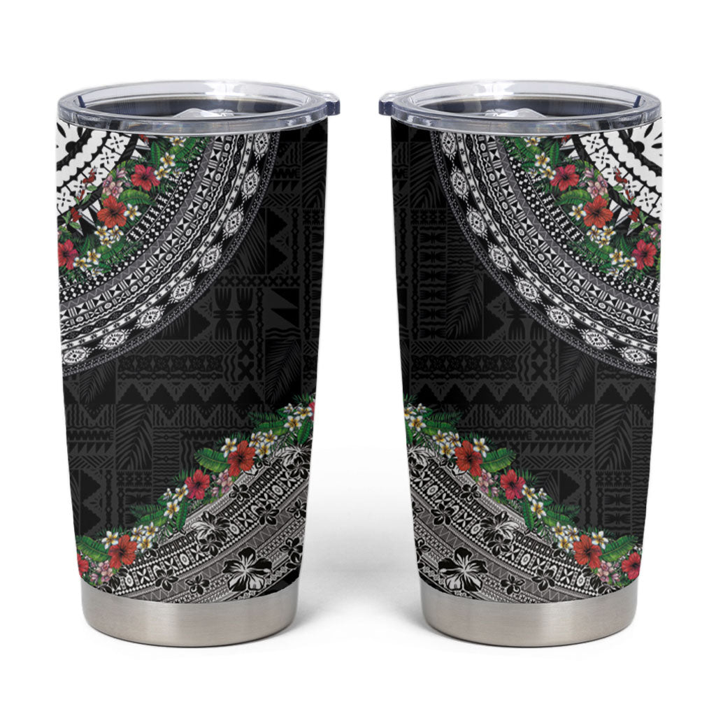 Fiji Hibiscus Tumbler Cup Tapa Masi Motifs with Tropical Plants LT03 Black - Polynesian Pride
