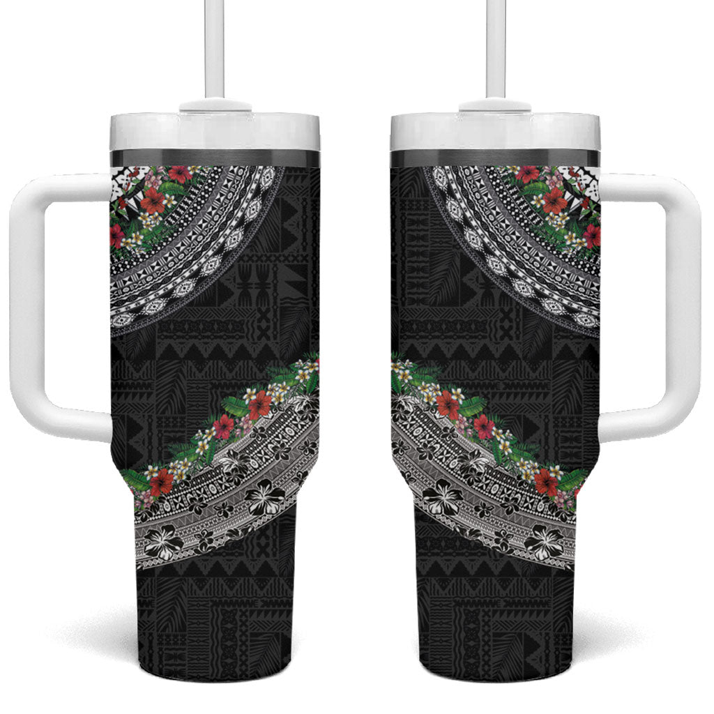 Fiji Hibiscus Tumbler With Handle Tapa Masi Motifs with Tropical Plants LT03 One Size: 40 oz Black - Polynesian Pride