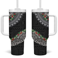 Fiji Hibiscus Tumbler With Handle Tapa Masi Motifs with Tropical Plants LT03 One Size: 40 oz Black - Polynesian Pride