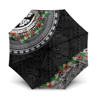 Fiji Hibiscus Umbrella Tapa Masi Motifs with Tropical Plants LT03 One Size Folded 11.42 inch Opened Diameter 37.4 inch Black - Polynesian Pride