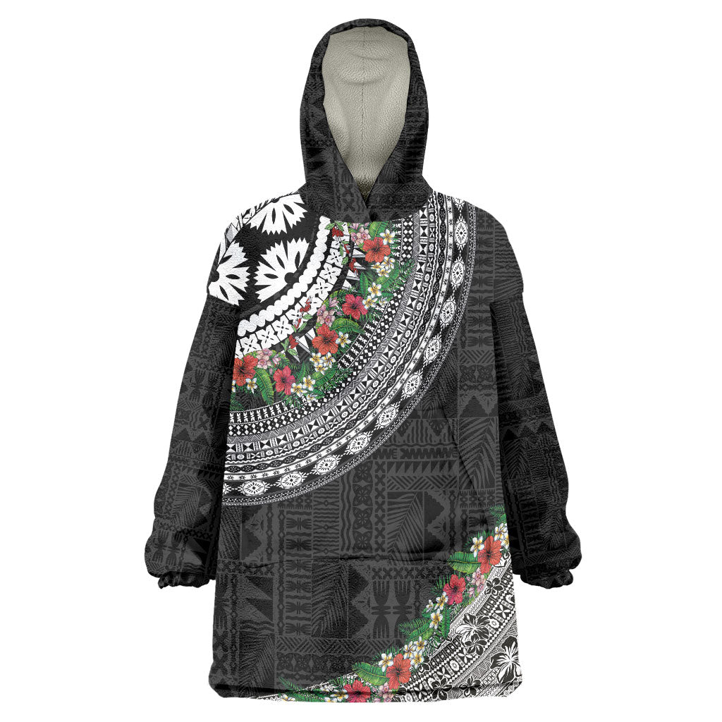 Fiji Hibiscus Wearable Blanket Hoodie Tapa Masi Motifs with Tropical Plants LT03 One Size Black - Polynesian Pride