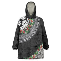 Fiji Hibiscus Wearable Blanket Hoodie Tapa Masi Motifs with Tropical Plants LT03 One Size Black - Polynesian Pride