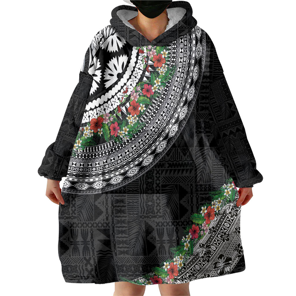 Fiji Hibiscus Wearable Blanket Hoodie Tapa Masi Motifs with Tropical Plants LT03 - Polynesian Pride