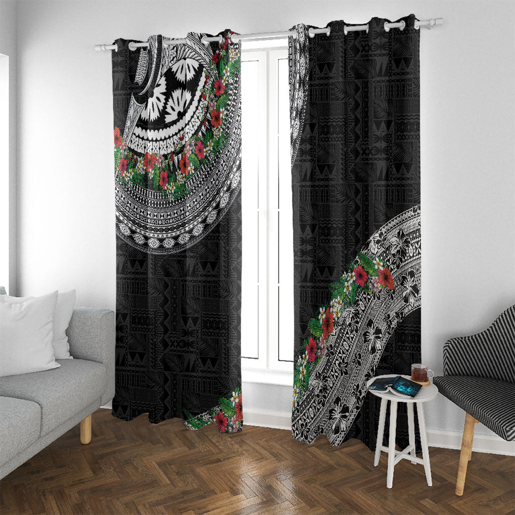 Fiji Hibiscus Window Curtain Tapa Masi Motifs with Tropical Plants LT03 With Grommets Black - Polynesian Pride