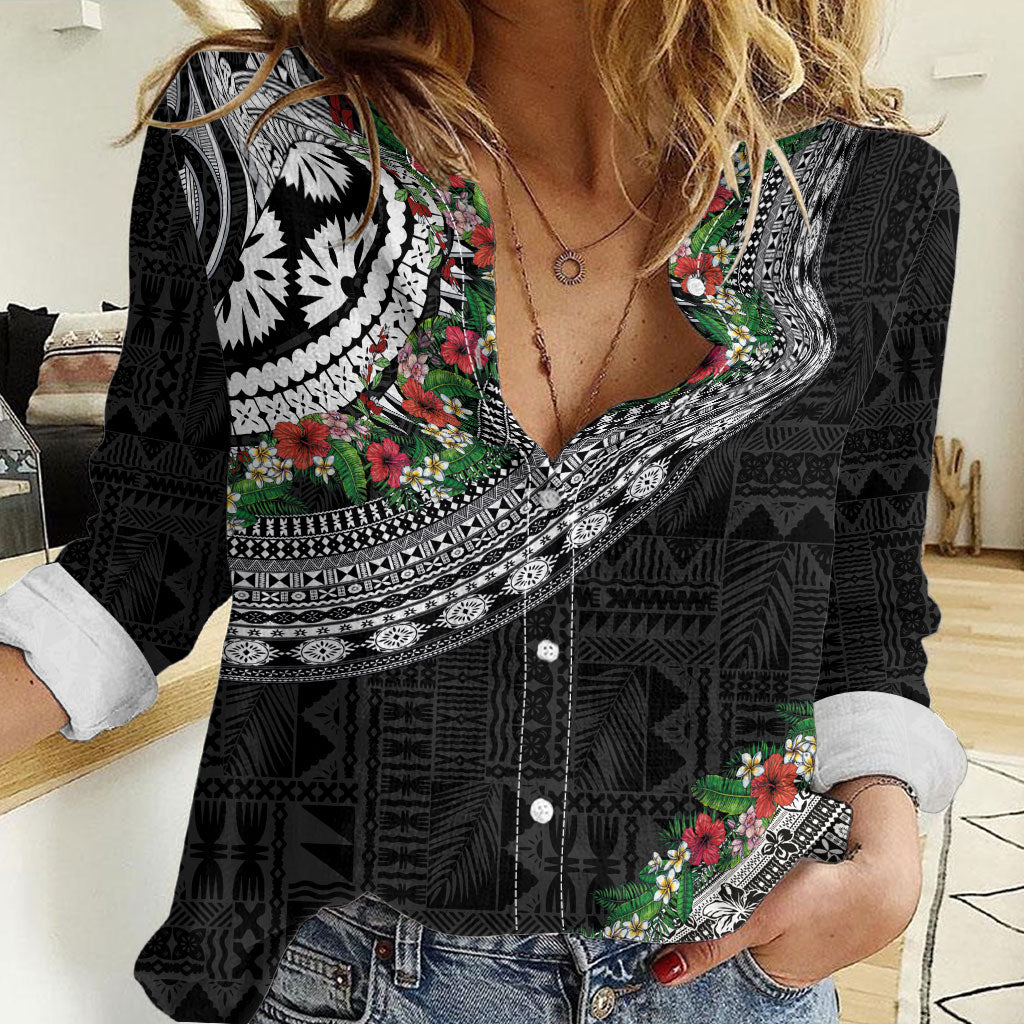 Fiji Hibiscus Women Casual Shirt Tapa Masi Motifs with Tropical Plants LT03 Female Black - Polynesian Pride