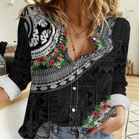 Fiji Hibiscus Women Casual Shirt Tapa Masi Motifs with Tropical Plants LT03 Female Black - Polynesian Pride