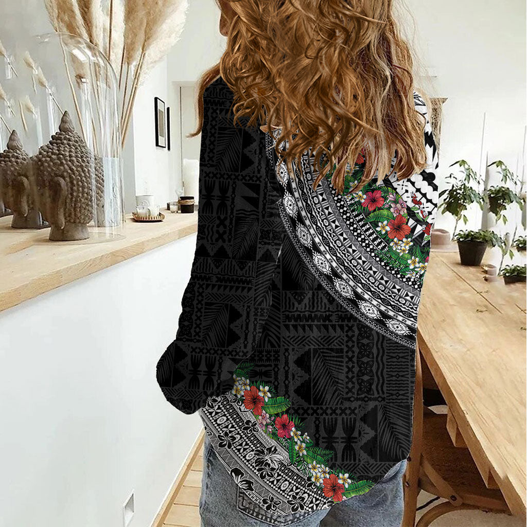 Fiji Hibiscus Women Casual Shirt Tapa Masi Motifs with Tropical Plants LT03 - Polynesian Pride