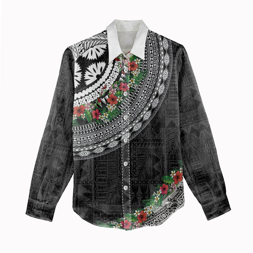 Fiji Hibiscus Women Casual Shirt Tapa Masi Motifs with Tropical Plants LT03 - Polynesian Pride