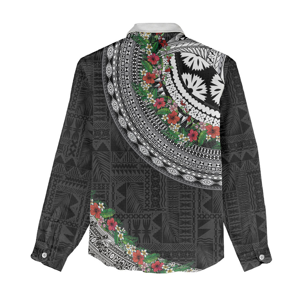 Fiji Hibiscus Women Casual Shirt Tapa Masi Motifs with Tropical Plants LT03 - Polynesian Pride