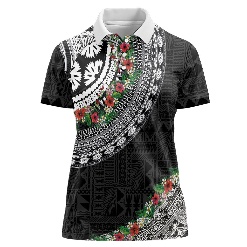 Fiji Hibiscus Women Polo Shirt Tapa Masi Motifs with Tropical Plants LT03 Female Black - Polynesian Pride