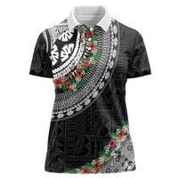 Fiji Hibiscus Women Polo Shirt Tapa Masi Motifs with Tropical Plants LT03 Female Black - Polynesian Pride