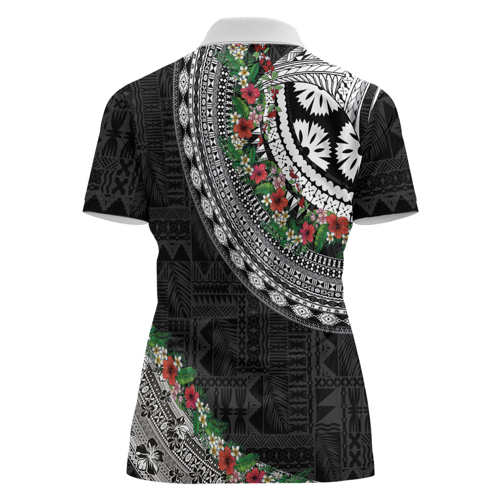 Fiji Hibiscus Women Polo Shirt Tapa Masi Motifs with Tropical Plants LT03 - Polynesian Pride