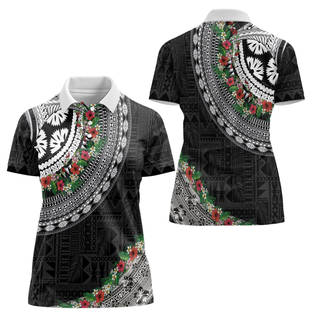 Fiji Hibiscus Women Polo Shirt Tapa Masi Motifs with Tropical Plants LT03 - Polynesian Pride