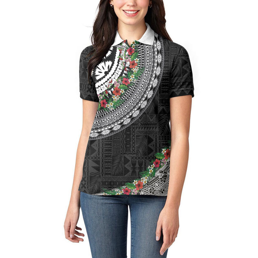 Fiji Hibiscus Women Polo Shirt Tapa Masi Motifs with Tropical Plants LT03 - Polynesian Pride
