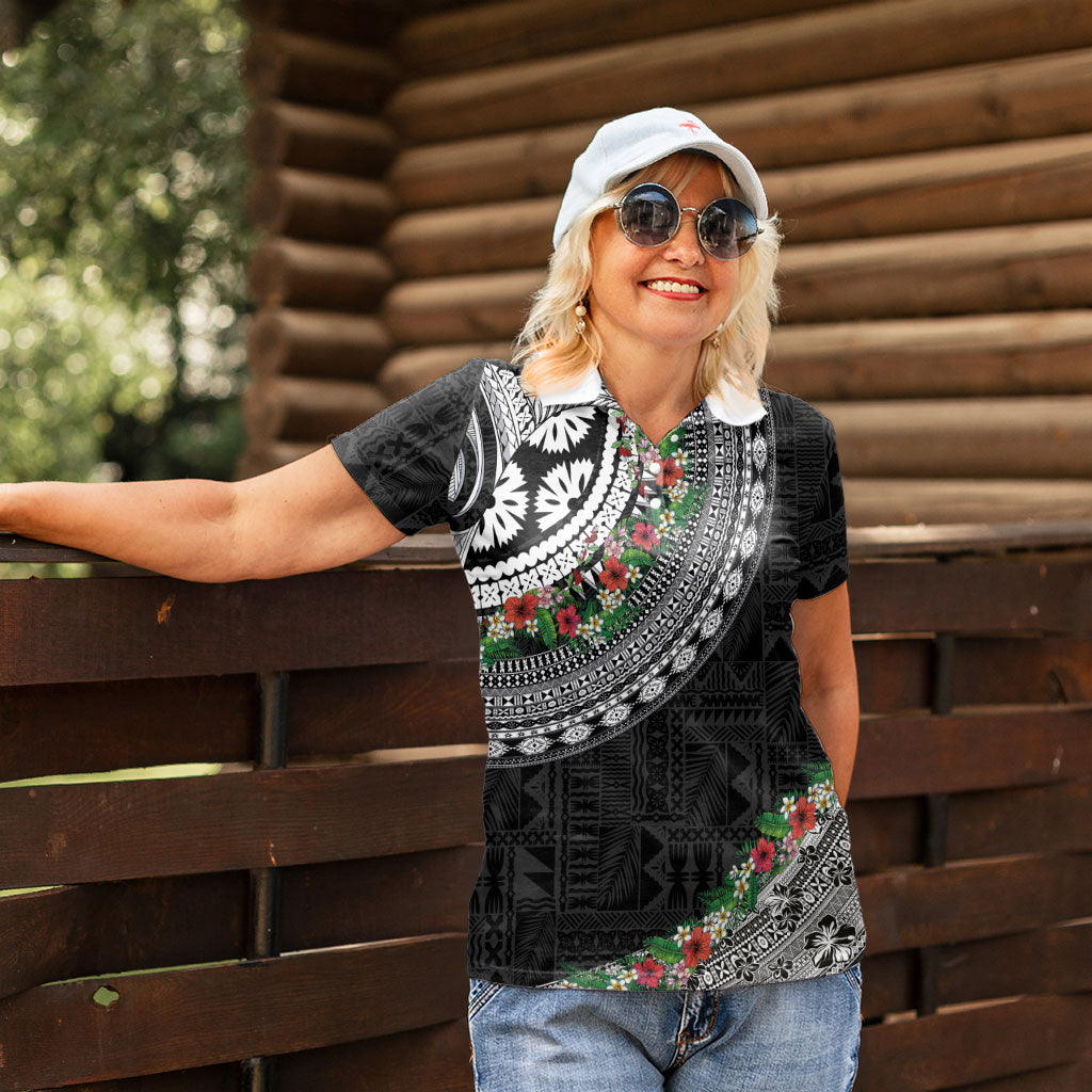 Fiji Hibiscus Women Polo Shirt Tapa Masi Motifs with Tropical Plants LT03 - Polynesian Pride