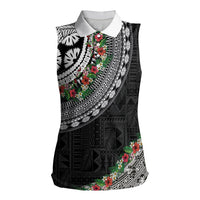 Fiji Hibiscus Women Sleeveless Polo Shirt Tapa Masi Motifs with Tropical Plants LT03 Female Black - Polynesian Pride