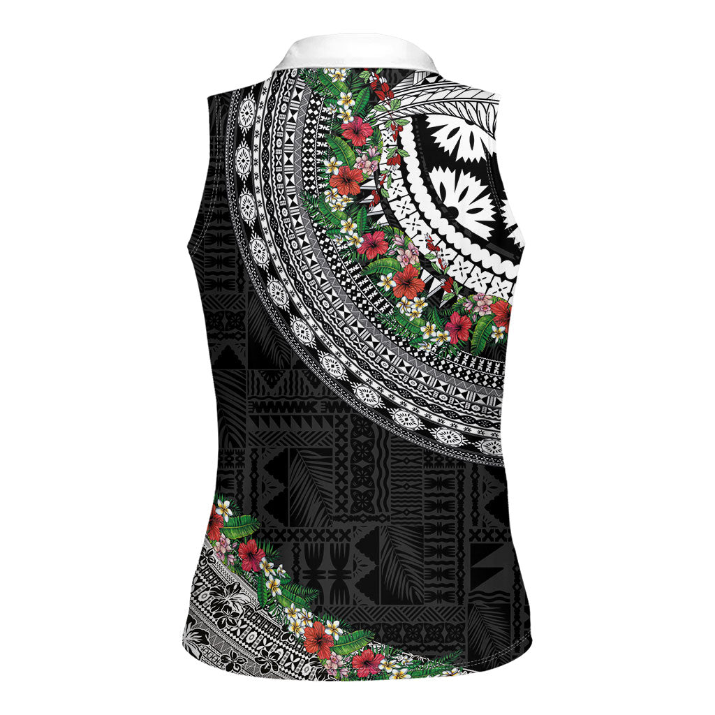 Fiji Hibiscus Women Sleeveless Polo Shirt Tapa Masi Motifs with Tropical Plants LT03 - Polynesian Pride