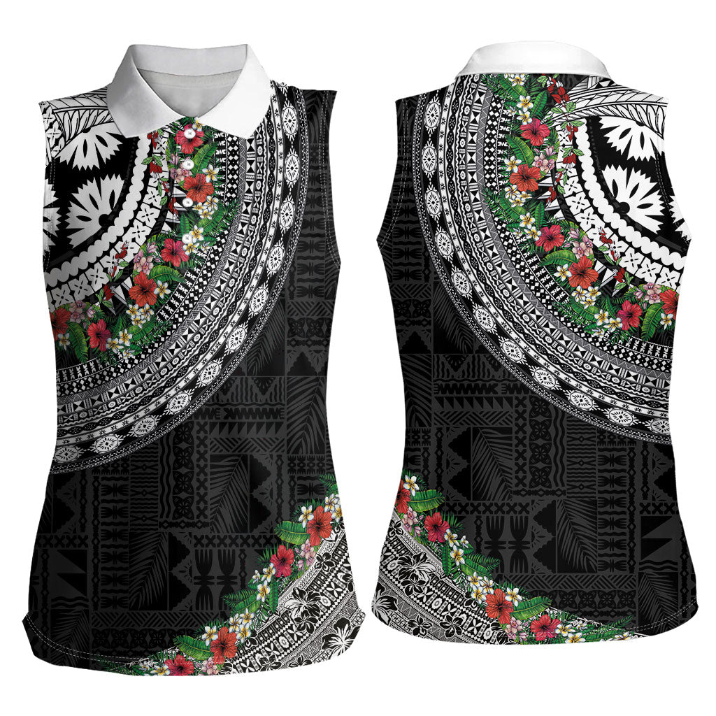 Fiji Hibiscus Women Sleeveless Polo Shirt Tapa Masi Motifs with Tropical Plants LT03 - Polynesian Pride