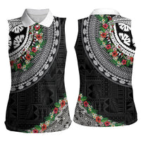 Fiji Hibiscus Women Sleeveless Polo Shirt Tapa Masi Motifs with Tropical Plants LT03 - Polynesian Pride