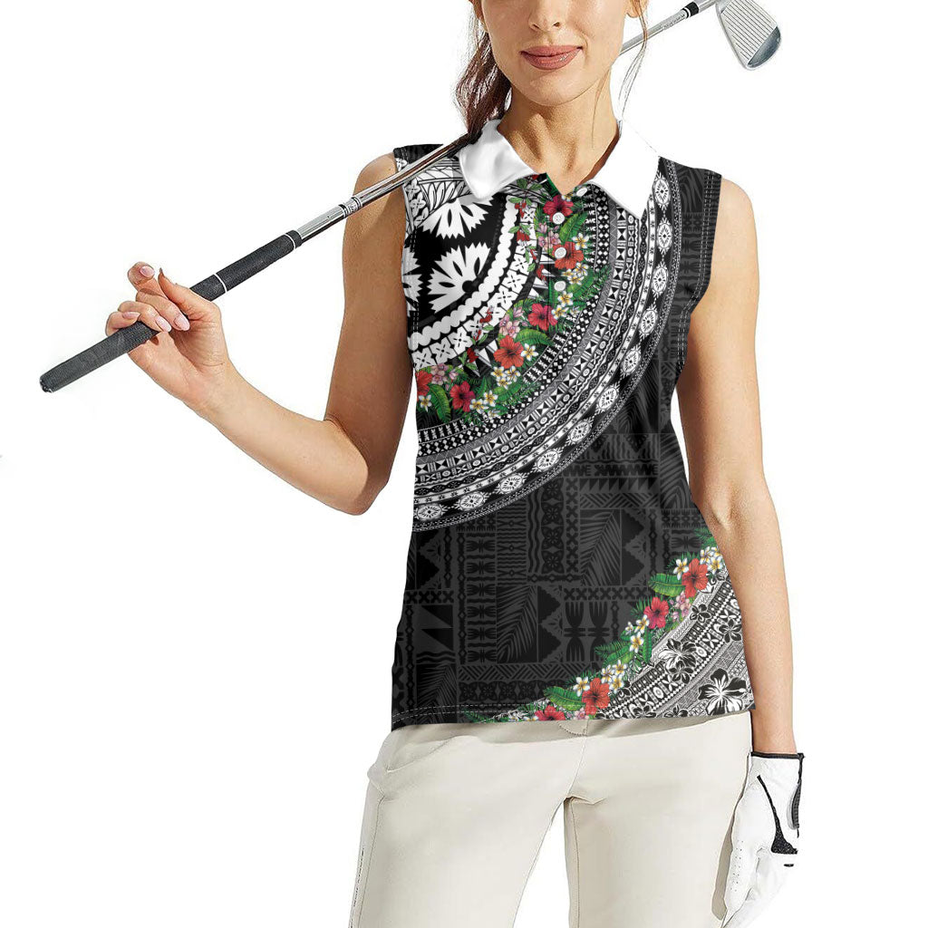 Fiji Hibiscus Women Sleeveless Polo Shirt Tapa Masi Motifs with Tropical Plants LT03 - Polynesian Pride
