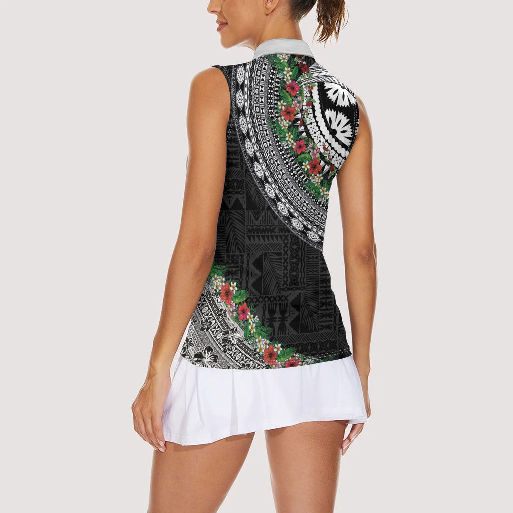 Fiji Hibiscus Women Sleeveless Polo Shirt Tapa Masi Motifs with Tropical Plants LT03 - Polynesian Pride