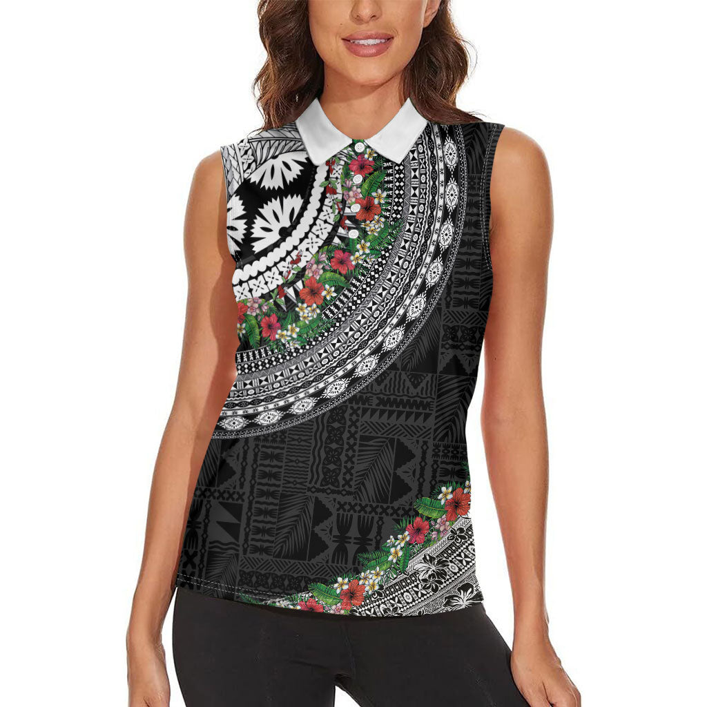 Fiji Hibiscus Women Sleeveless Polo Shirt Tapa Masi Motifs with Tropical Plants LT03 - Polynesian Pride