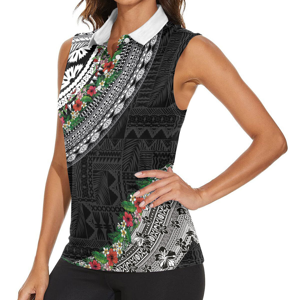 Fiji Hibiscus Women Sleeveless Polo Shirt Tapa Masi Motifs with Tropical Plants LT03 - Polynesian Pride