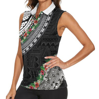 Fiji Hibiscus Women Sleeveless Polo Shirt Tapa Masi Motifs with Tropical Plants LT03 - Polynesian Pride