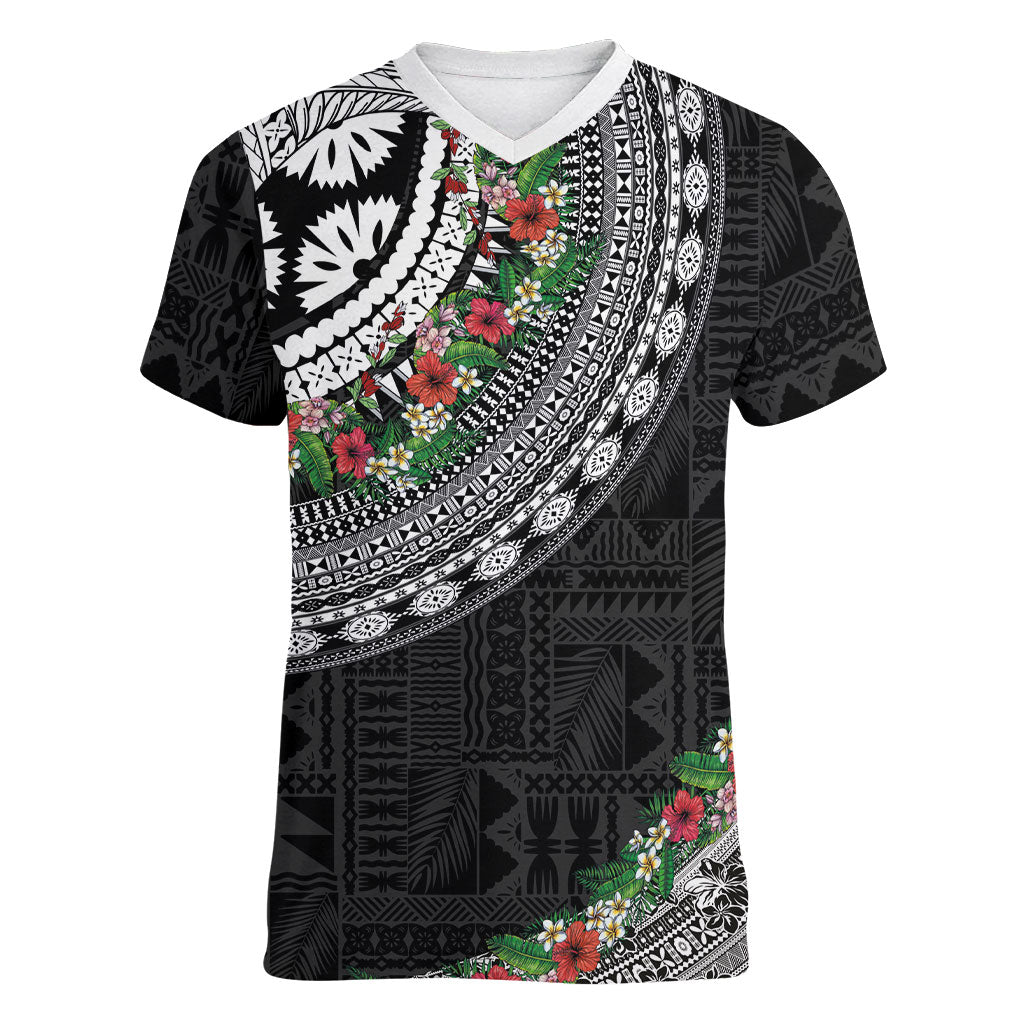 Fiji Hibiscus Women V-Neck T-Shirt Tapa Masi Motifs with Tropical Plants LT03 Female Black - Polynesian Pride