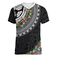 Fiji Hibiscus Women V-Neck T-Shirt Tapa Masi Motifs with Tropical Plants LT03 Female Black - Polynesian Pride