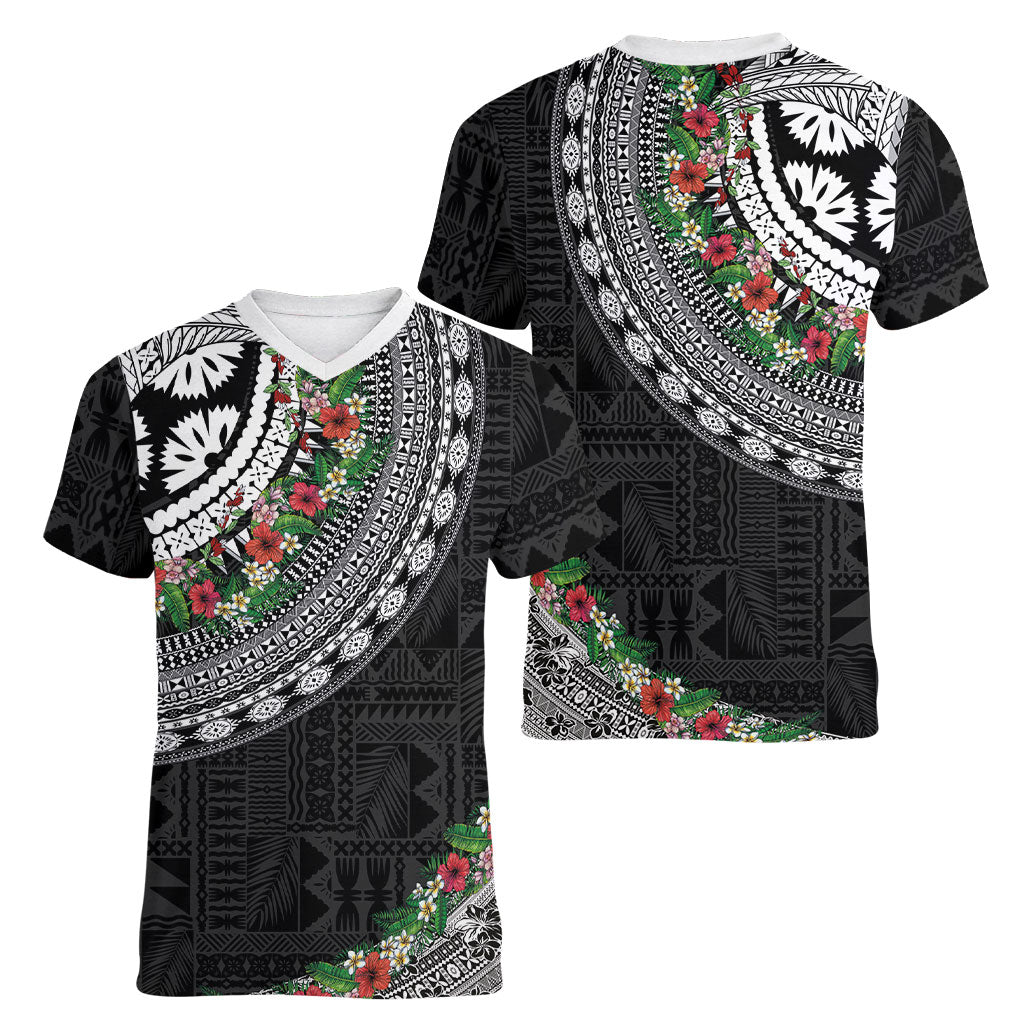 Fiji Hibiscus Women V-Neck T-Shirt Tapa Masi Motifs with Tropical Plants LT03 - Polynesian Pride