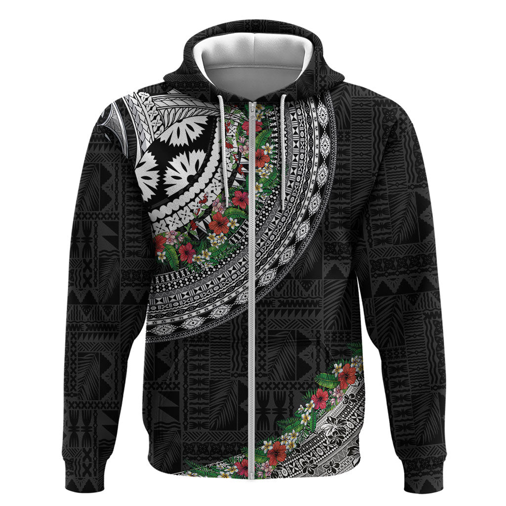 Fiji Hibiscus Zip Hoodie Tapa Masi Motifs with Tropical Plants LT03 Zip Hoodie Black - Polynesian Pride