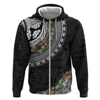 Fiji Hibiscus Zip Hoodie Tapa Masi Motifs with Tropical Plants LT03 Zip Hoodie Black - Polynesian Pride