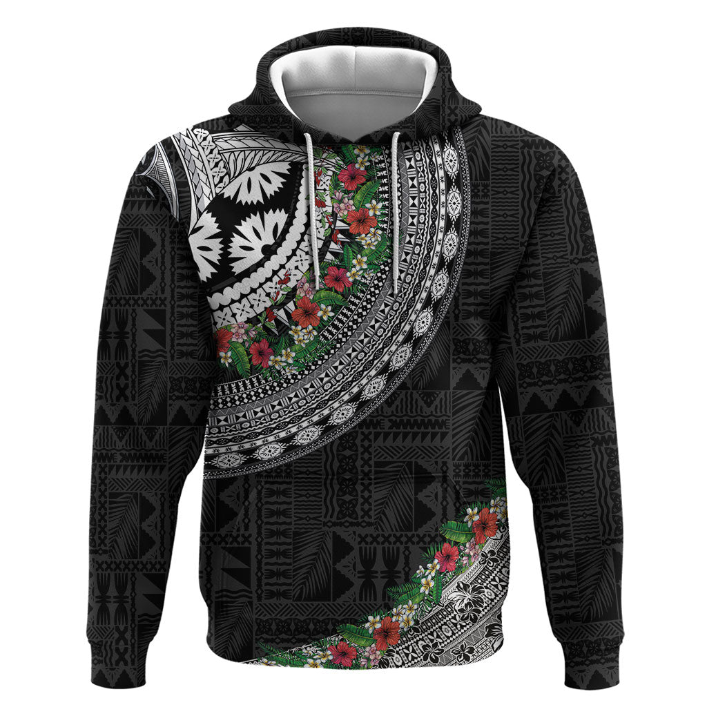 Fiji Hibiscus Zip Hoodie Tapa Masi Motifs with Tropical Plants LT03 Pullover Hoodie Black - Polynesian Pride
