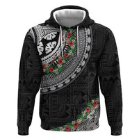 Fiji Hibiscus Zip Hoodie Tapa Masi Motifs with Tropical Plants LT03 Pullover Hoodie Black - Polynesian Pride