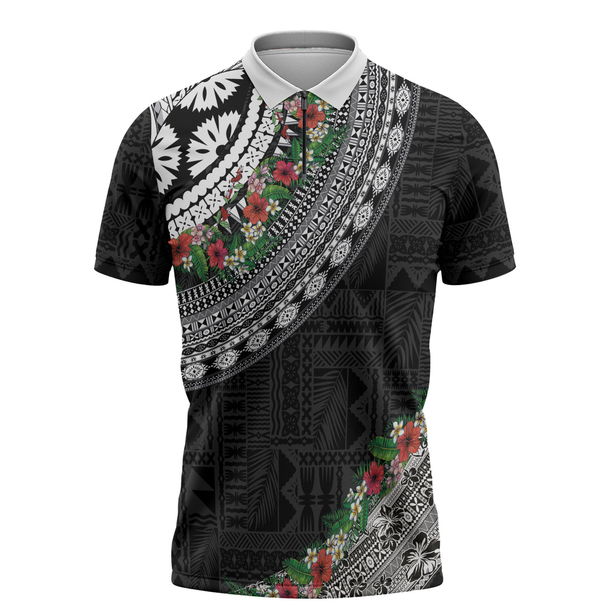 Fiji Hibiscus Zipper Polo Shirt Tapa Masi Motifs with Tropical Plants LT03 Black - Polynesian Pride