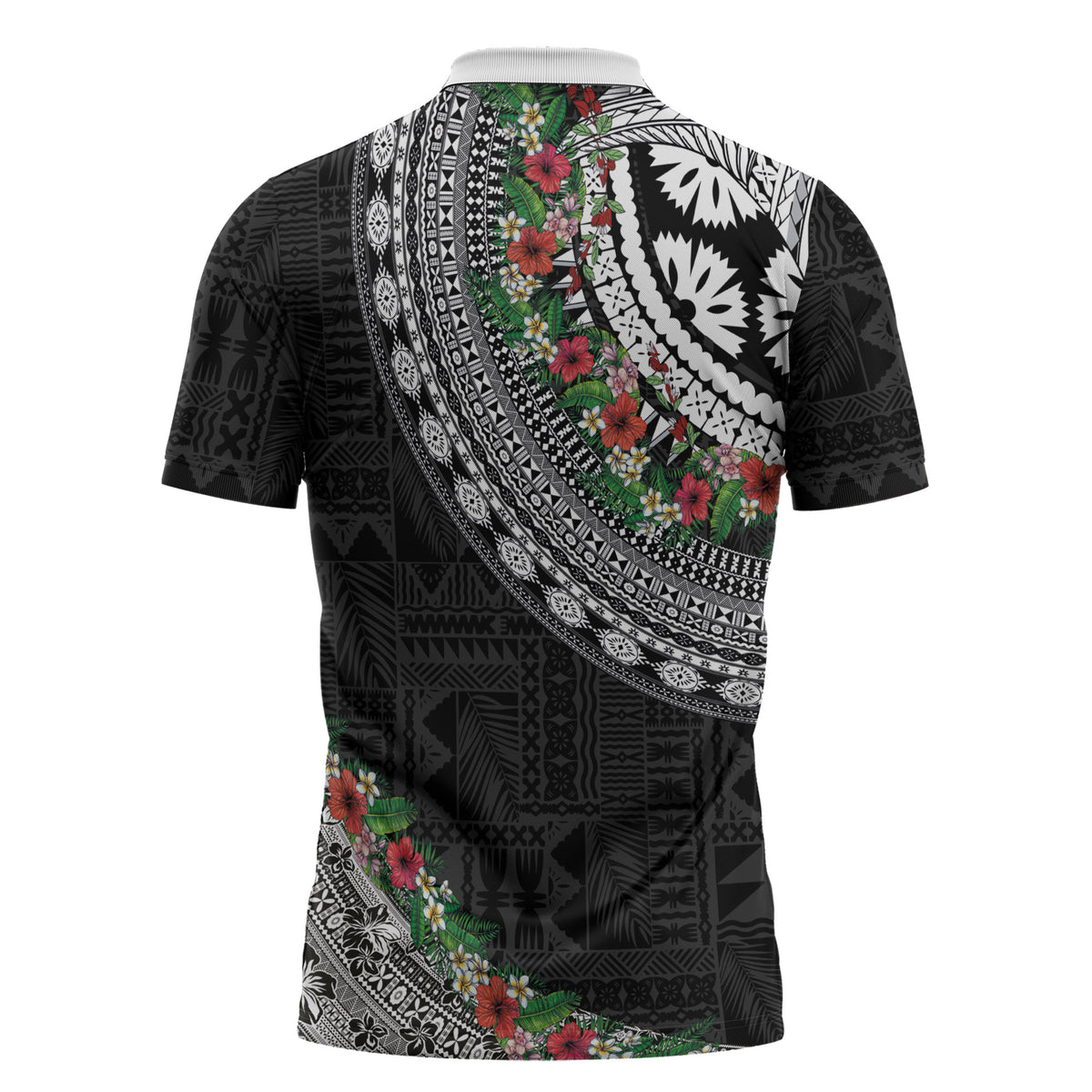 Fiji Hibiscus Zipper Polo Shirt Tapa Masi Motifs with Tropical Plants LT03 - Polynesian Pride