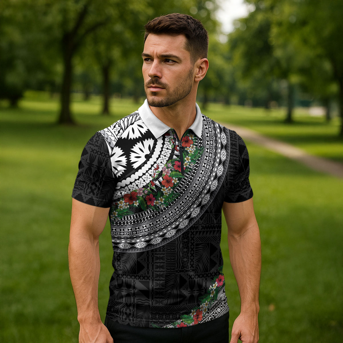 Fiji Hibiscus Zipper Polo Shirt Tapa Masi Motifs with Tropical Plants LT03 - Polynesian Pride
