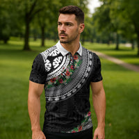 Fiji Hibiscus Zipper Polo Shirt Tapa Masi Motifs with Tropical Plants LT03 - Polynesian Pride