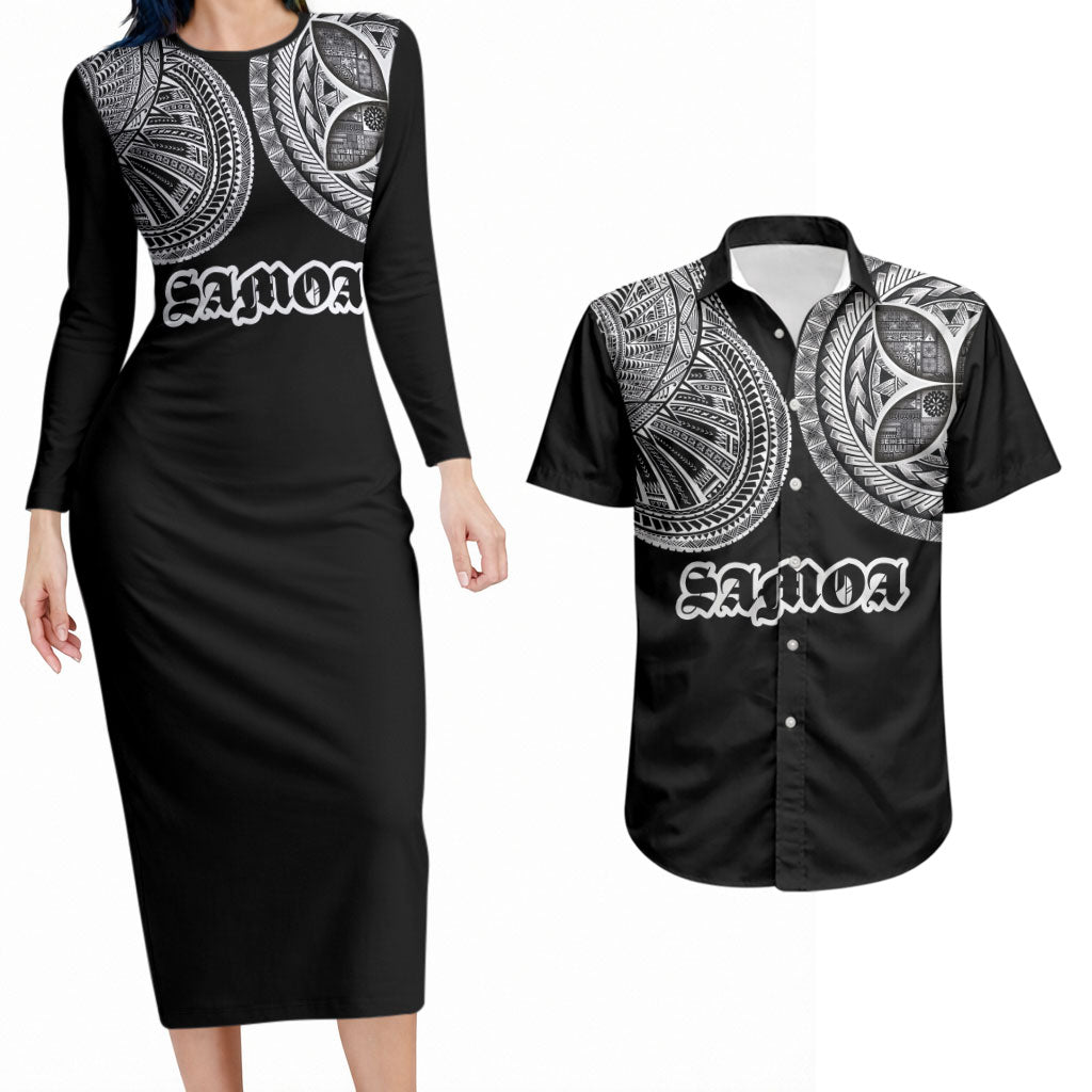 Samoa Traditional Tattoo Couples Matching Long Sleeve Bodycon Dress and Hawaiian Shirt Tribal Tatau Pattern LT03 Black - Polynesian Pride