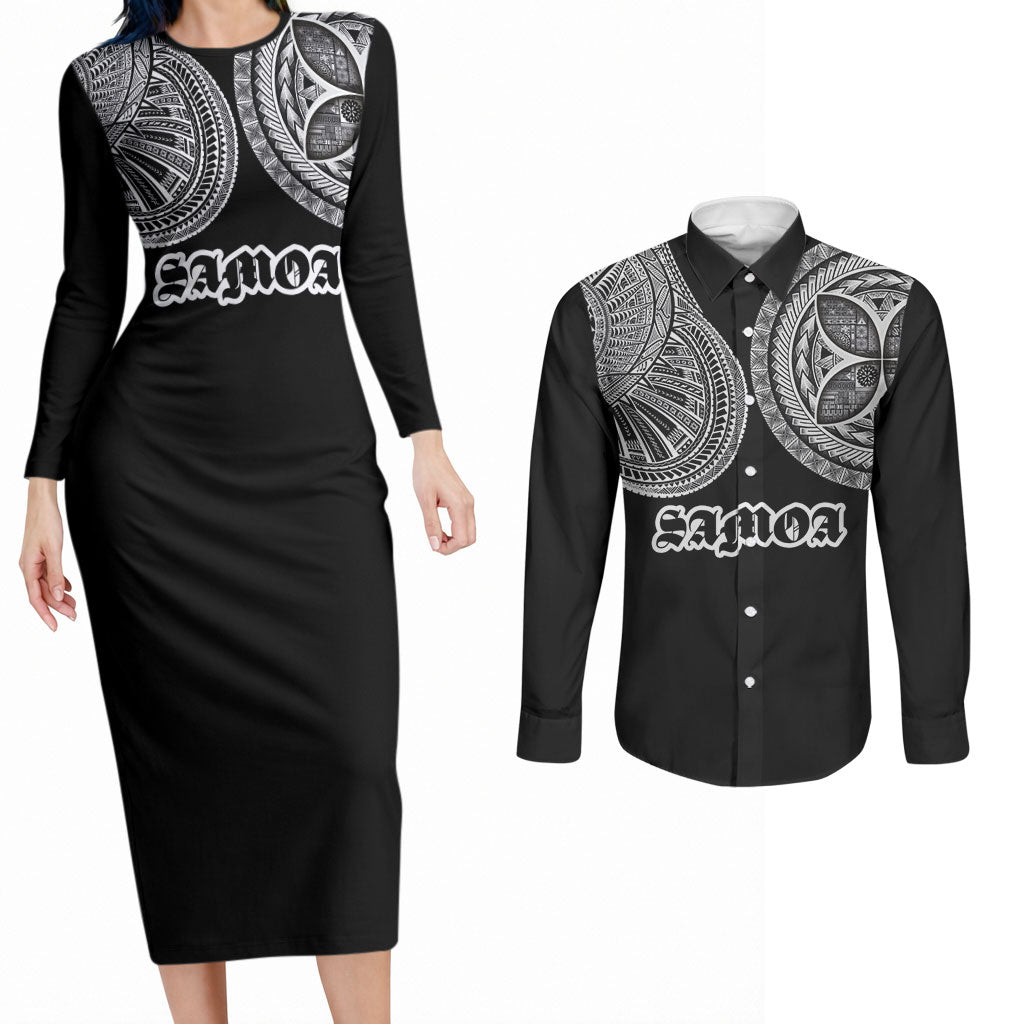 Samoa Traditional Tattoo Couples Matching Long Sleeve Bodycon Dress and Long Sleeve Button Shirt Tribal Tatau Pattern LT03 Black - Polynesian Pride