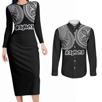 Samoa Traditional Tattoo Couples Matching Long Sleeve Bodycon Dress and Long Sleeve Button Shirt Tribal Tatau Pattern LT03 Black - Polynesian Pride