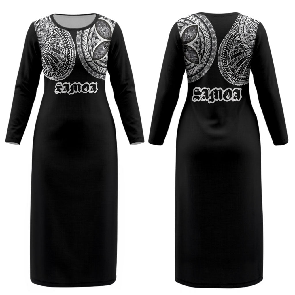 Samoa Traditional Tattoo Couples Matching Long Sleeve Bodycon Dress and Long Sleeve Button Shirt Tribal Tatau Pattern LT03 - Polynesian Pride