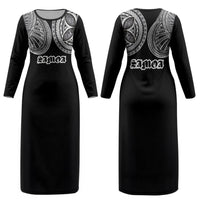 Samoa Traditional Tattoo Couples Matching Long Sleeve Bodycon Dress and Long Sleeve Button Shirt Tribal Tatau Pattern LT03 - Polynesian Pride