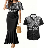 Samoa Traditional Tattoo Couples Matching Mermaid Dress and Hawaiian Shirt Tribal Tatau Pattern LT03 Black - Polynesian Pride