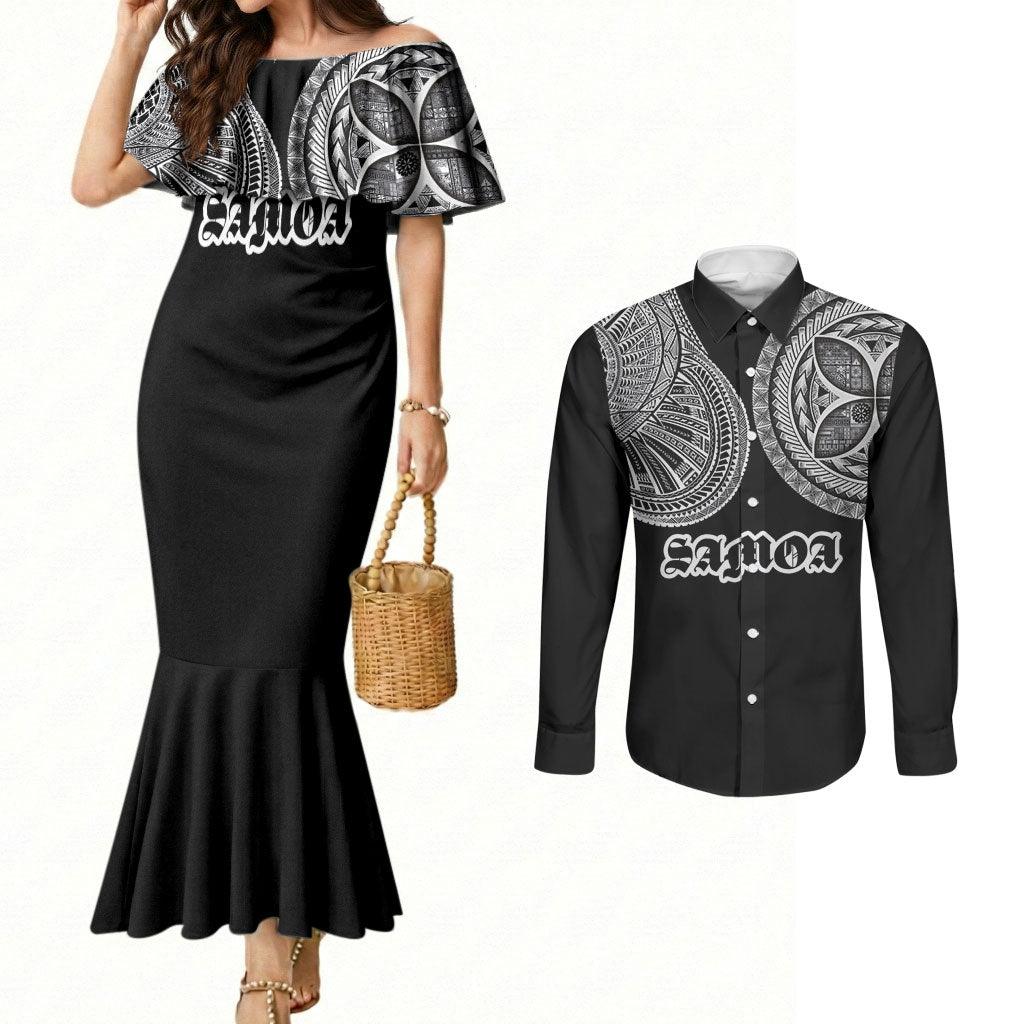 Samoa Traditional Tattoo Couples Matching Mermaid Dress and Long Sleeve Button Shirt Tribal Tatau Pattern LT03 Black - Polynesian Pride