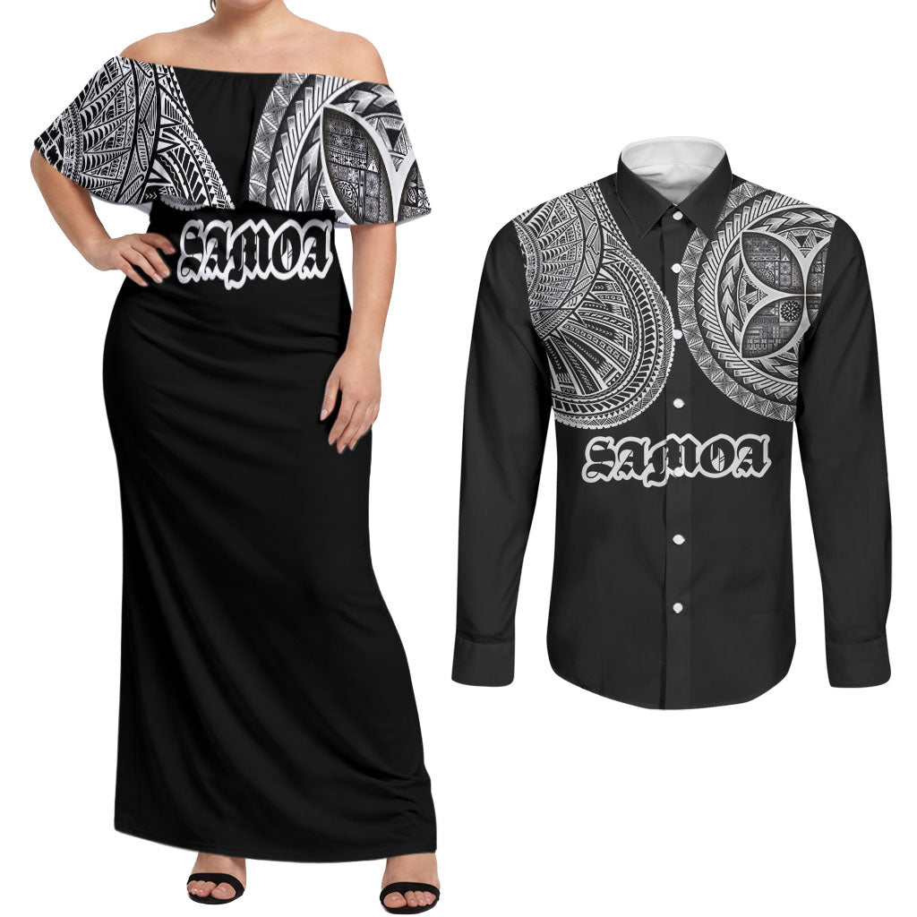 Samoa Traditional Tattoo Couples Matching Off Shoulder Maxi Dress and Long Sleeve Button Shirt Tribal Tatau Pattern LT03 Black - Polynesian Pride